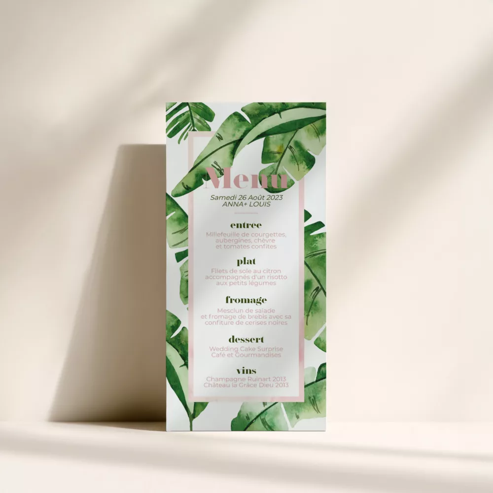 Menu de mariage feuilles de bananier