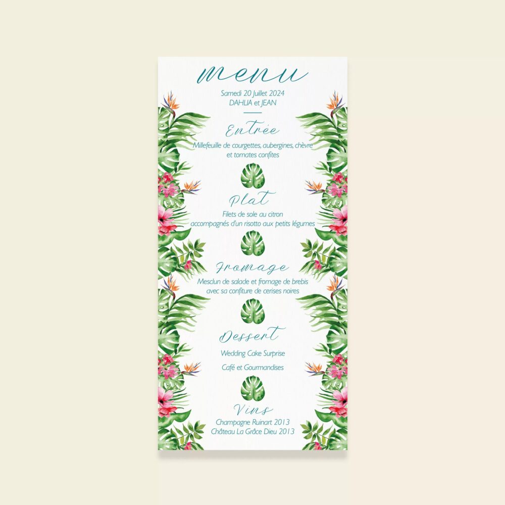 Menu de mariage Tropical Pop - Maison Célestine