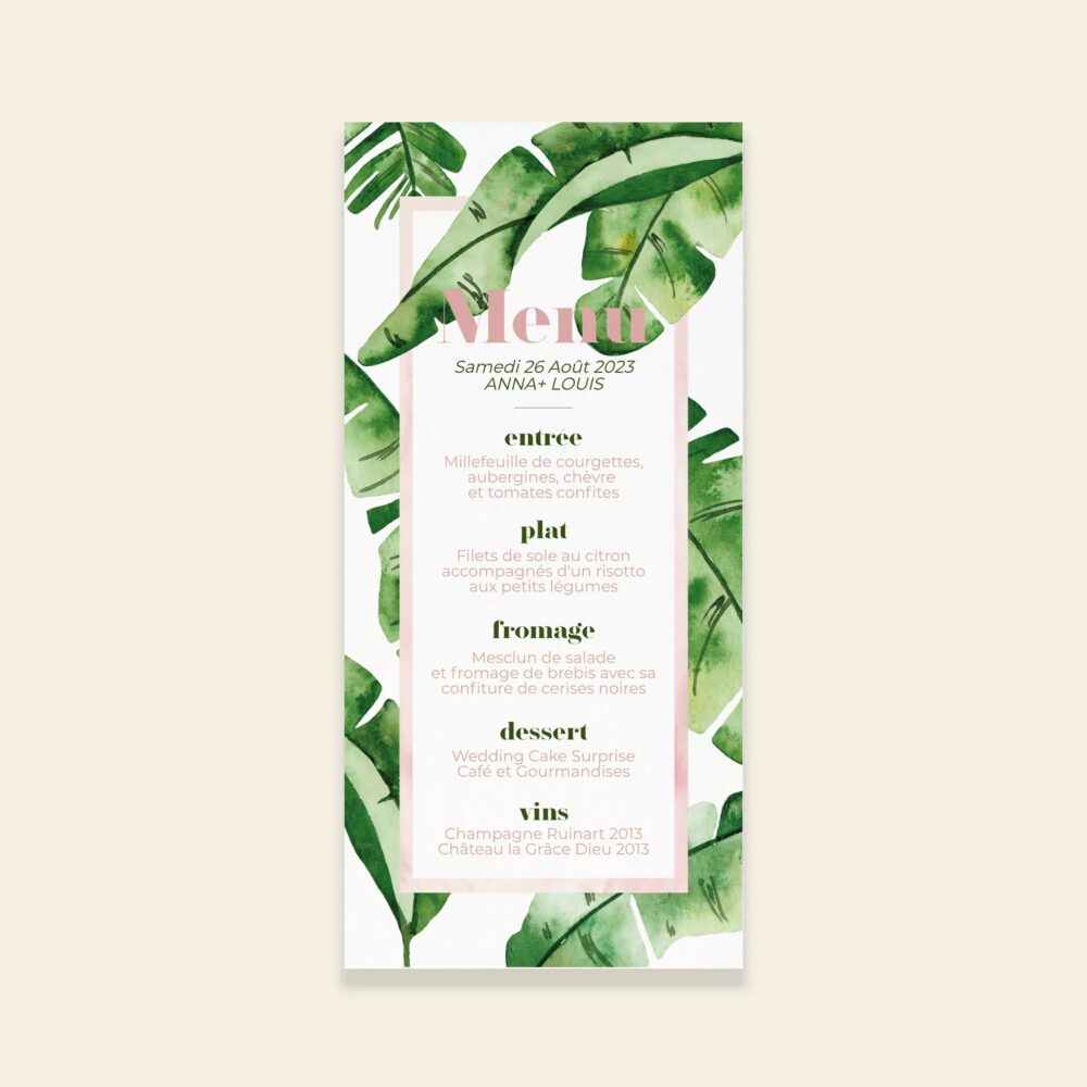 Menu de mariage exotique Banana Life - Maison Célestine
