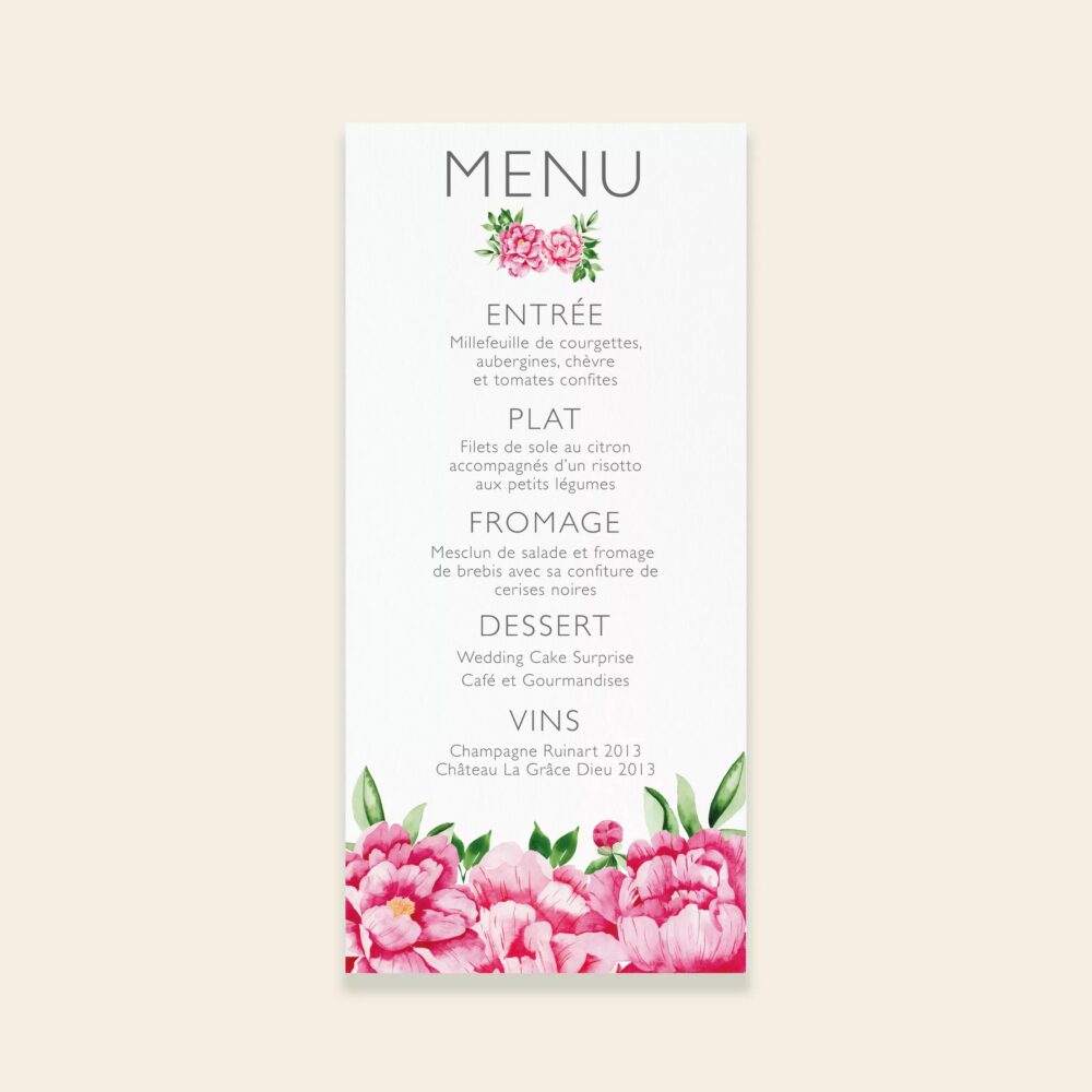 Menu de mariage Pivoines Romantiques - Maison Célestine