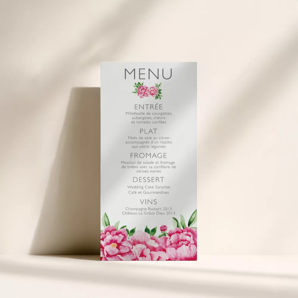 menu de mariage pivoines