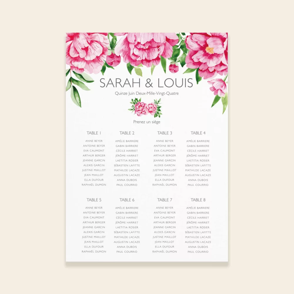 Plan de table de mariage format A2 Pivoines Romantiques - Maison Célestine