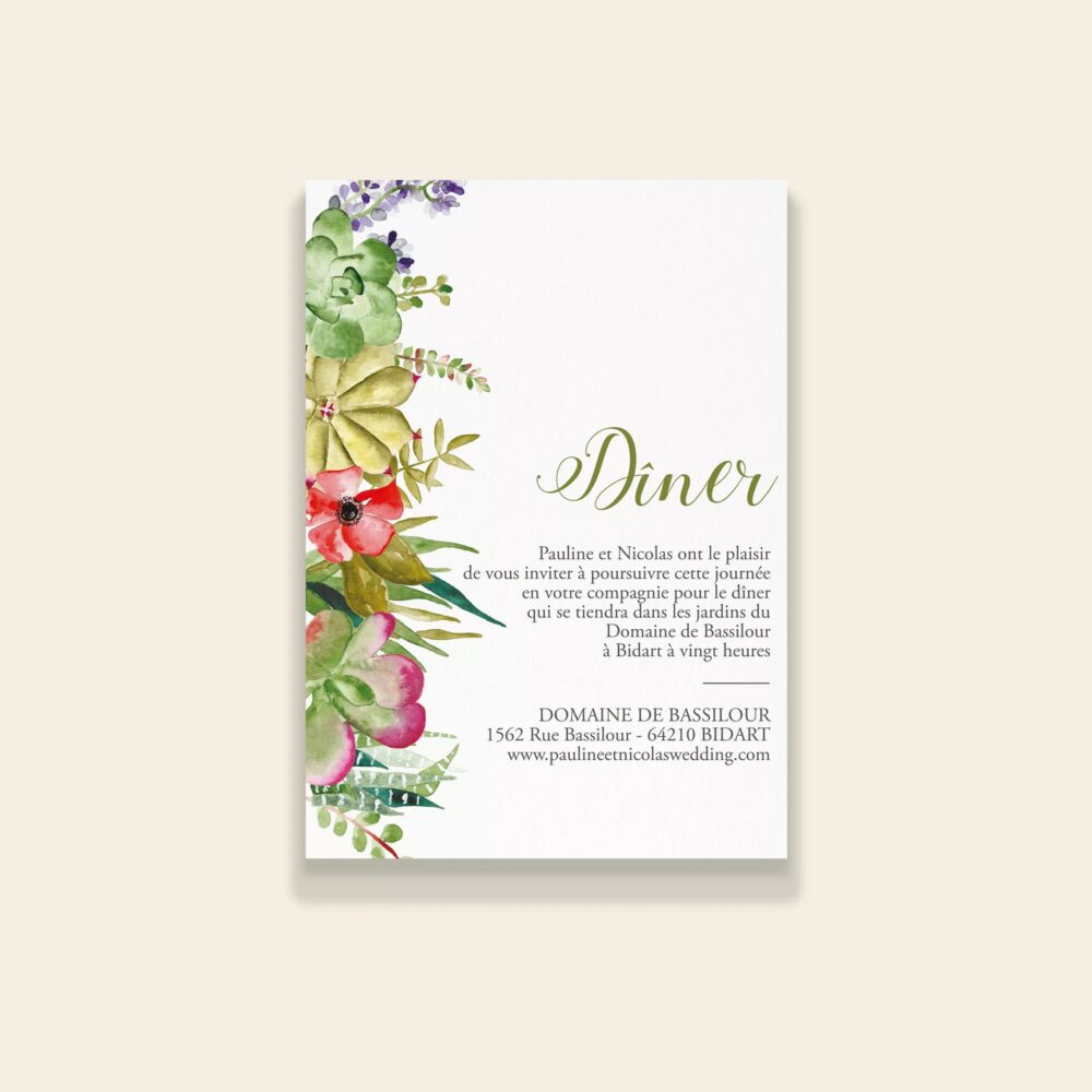 Carton invitation dîner de mariage Succulentes - Maison Célestine