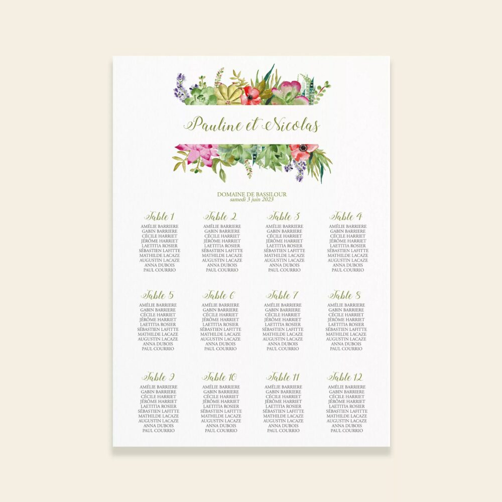 Plan de table de mariage Succulentes - Maison Célestine