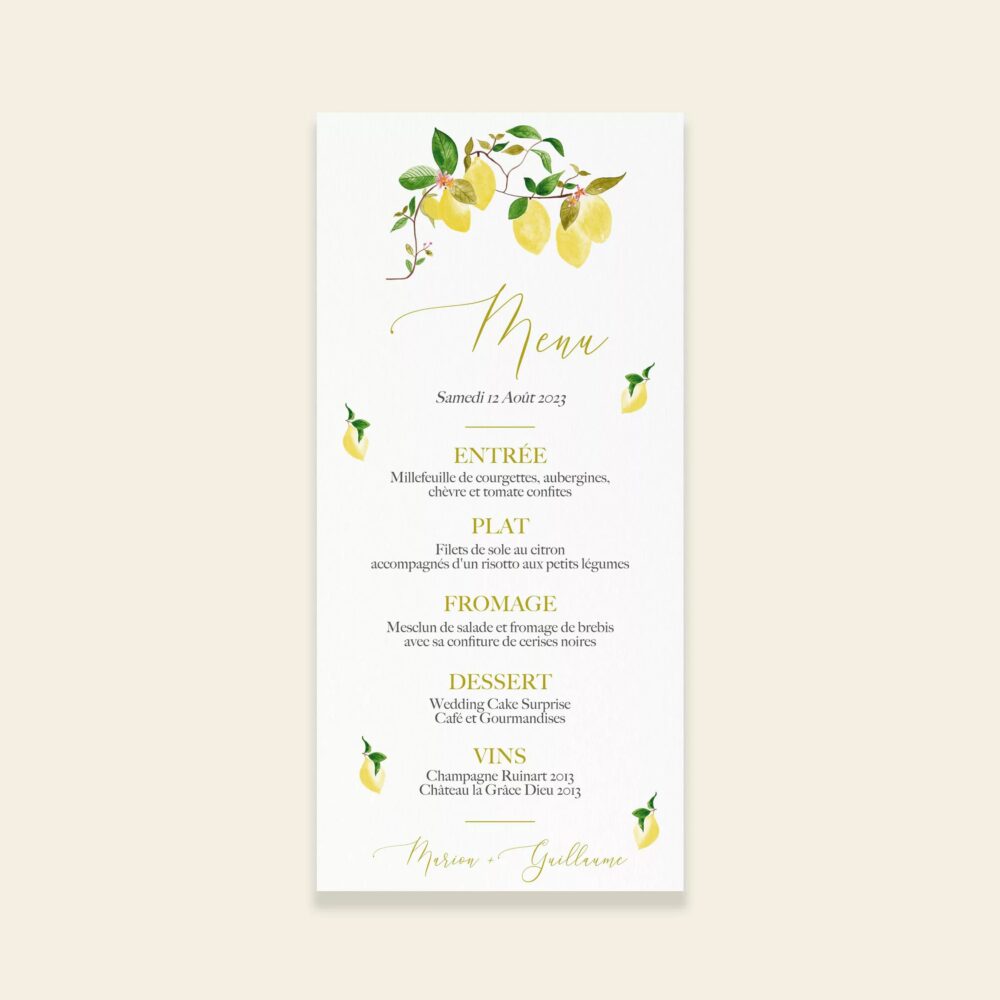 Menu de mariage citrons - Un Amour de Citron - Maison Célestine