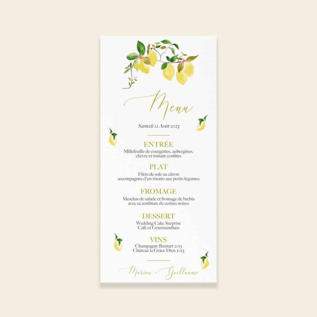 Menu de mariage citrons - Un Amour de Citron - Maison Célestine