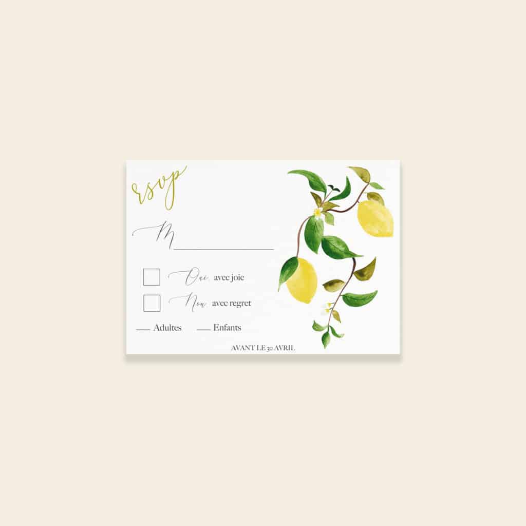 Carton réponse RSVP mariage citrons - Un Amour de Citron - Maison Célestine