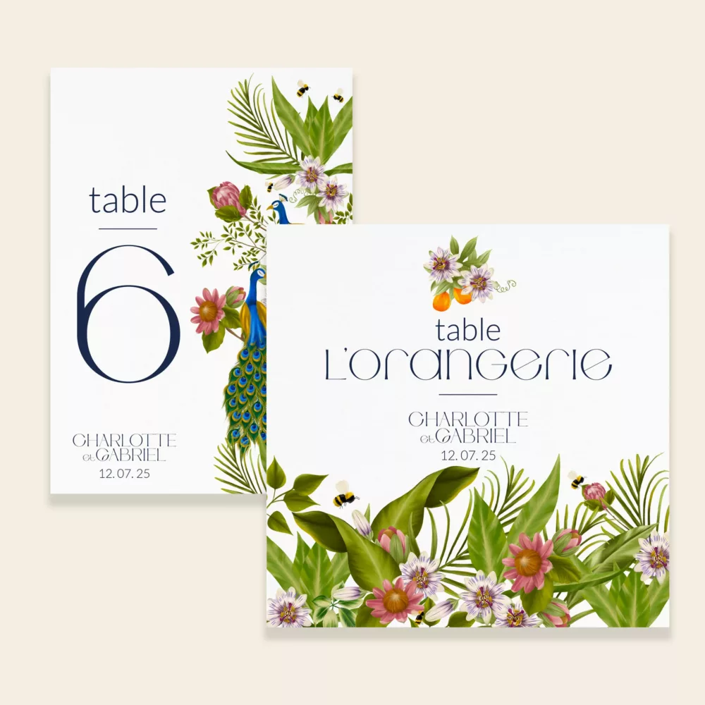 Numéro / Nom de table de mariage Peacock Garden - Maison Célestine