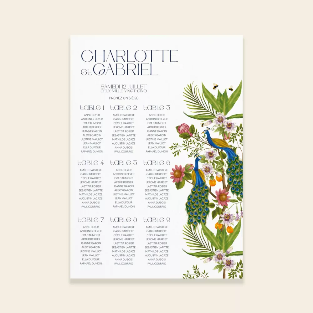 Plan de table de mariage Peacock Garden - Maison Célestine