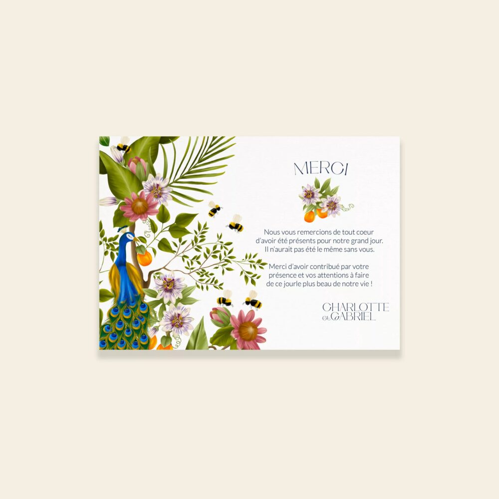 Carton Remerciements Mariage Peacock Garden - Maison Célestine