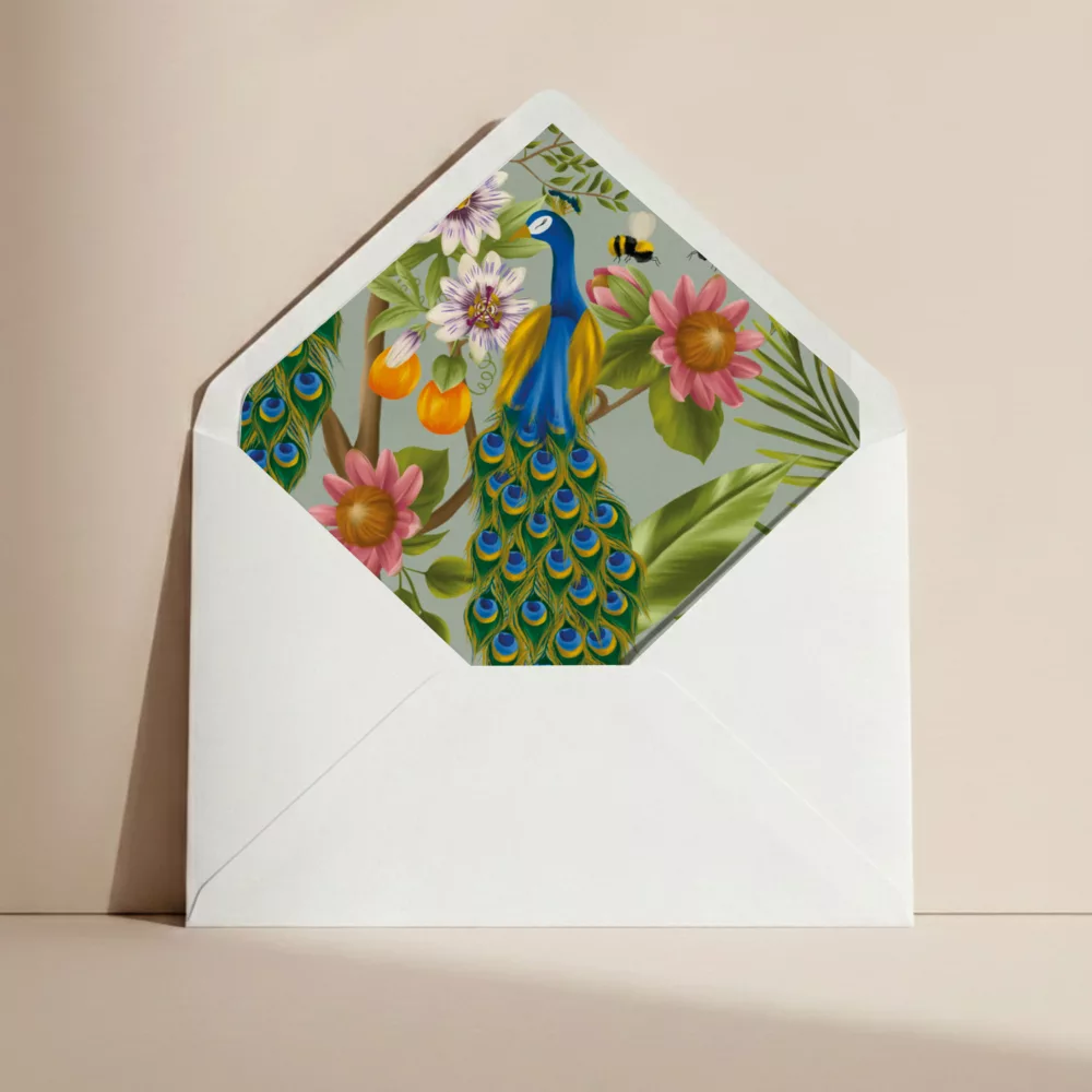 Doublure enveloppe mariage Peacock Garden
