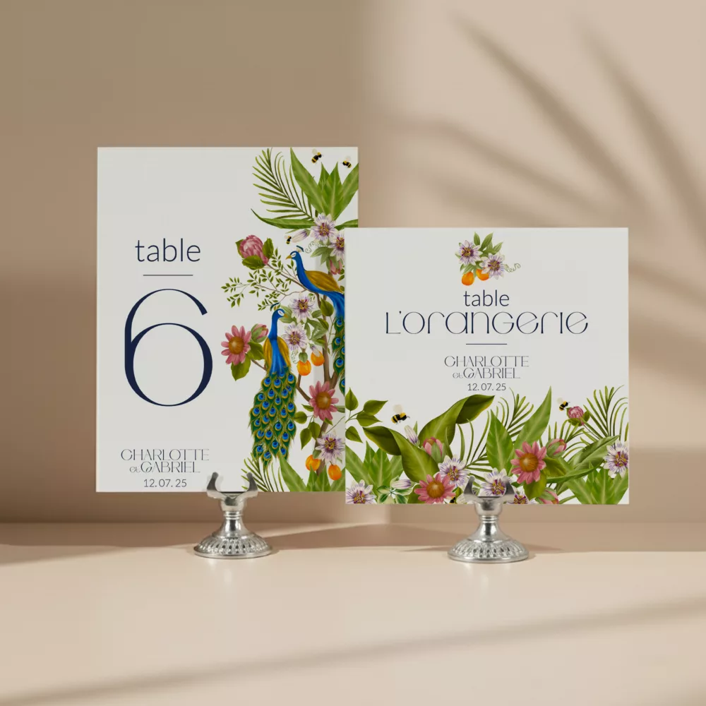 Numéro de table mariage exotique – Peacock Garden