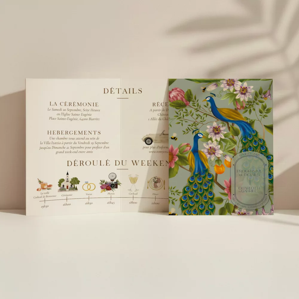 Carton programme de mariage Peacock Garden - Maison Célestine