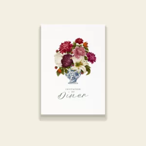 Carton dîner mariage fleuri avec médaillon vintage et motifs floraux entrelacés