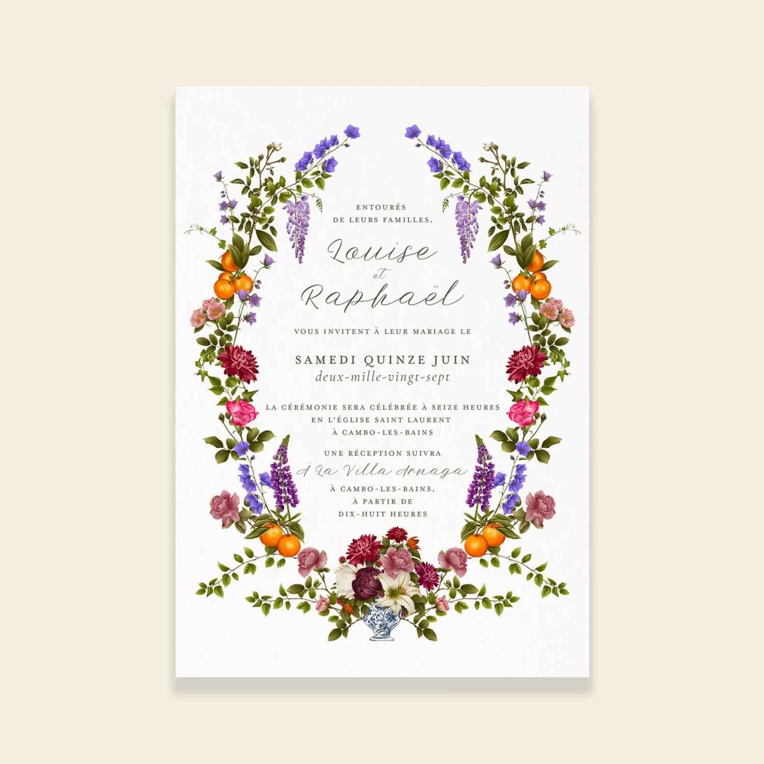 Faire-part de mariage champêtre illustré – Sérénade Botanique II