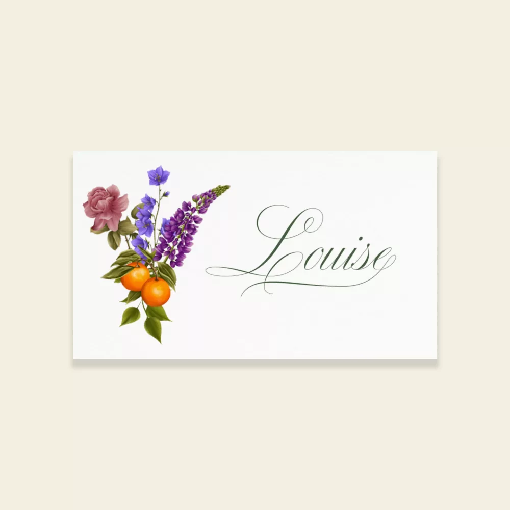 Marque-place mariage personnalisé Sérénade Botanique avec illustration florale