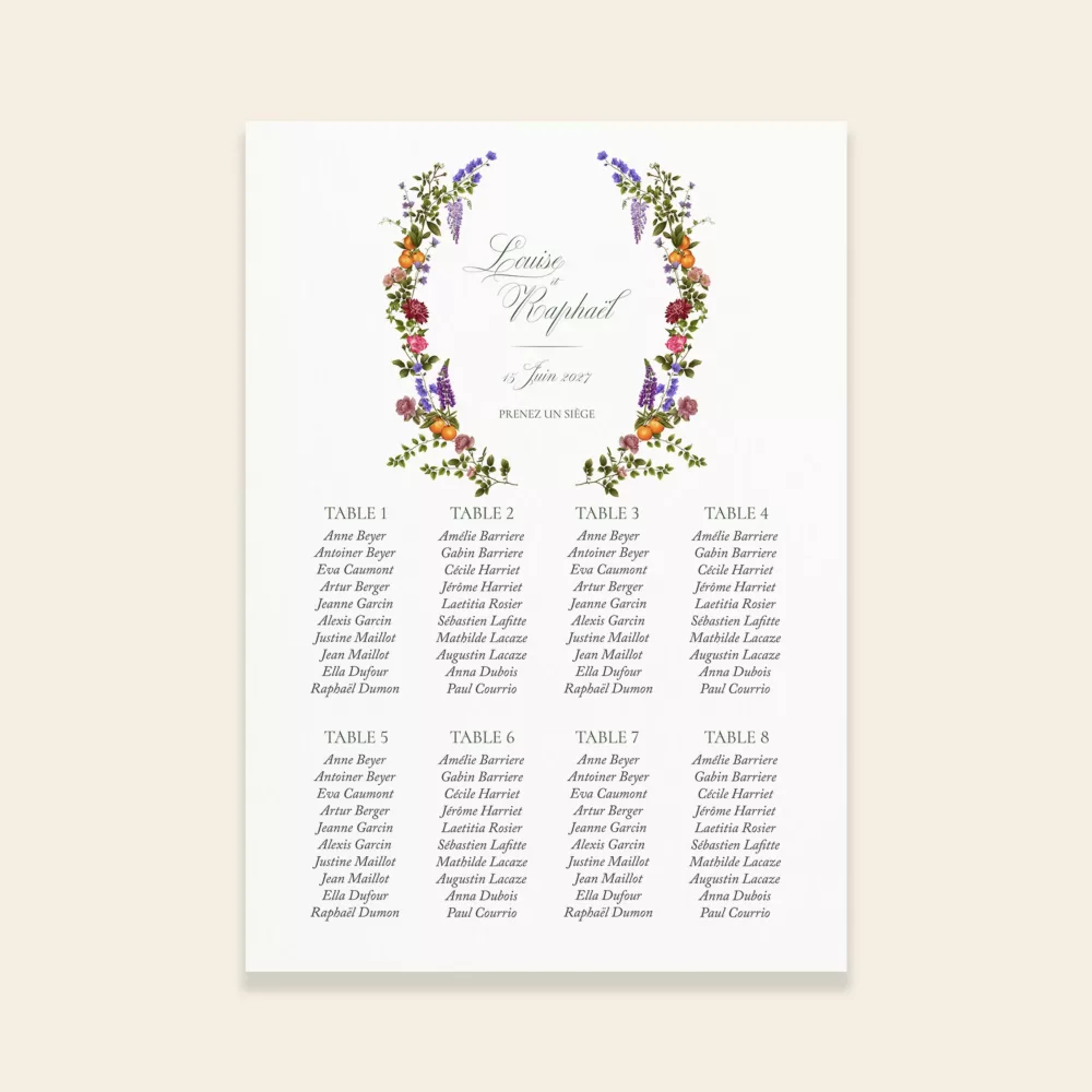 Plan de table A2 Sérénade Botanique mariage, élégant et floral, décoration mariage romantique