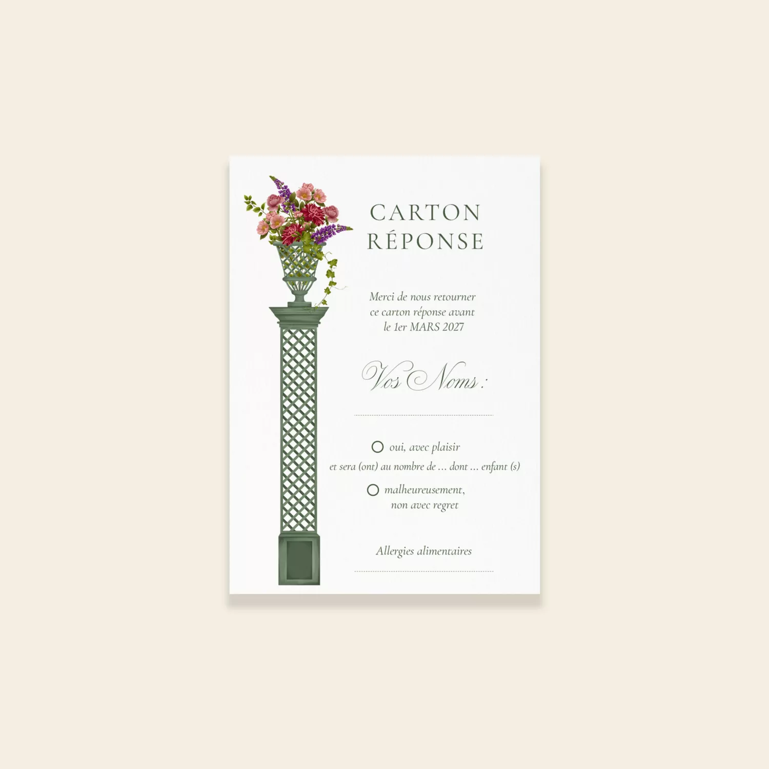 Carton réponse de mariage fleuri – Collection Sérénade Botanique