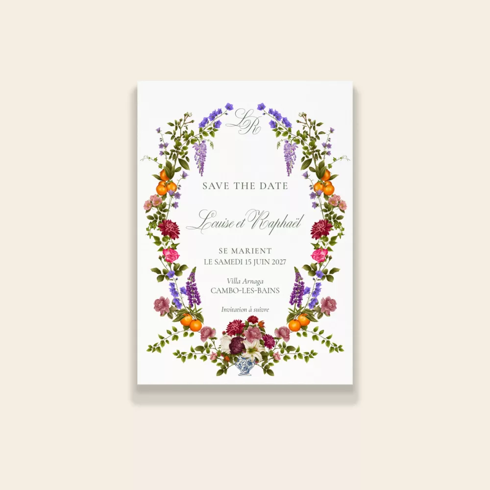 Save the Date fleuri Sérénade Botanique avec motifs de jardins et couleurs lumineuses pour mariage romantique et bucolique