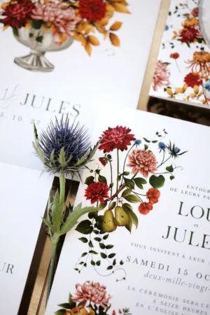 Faire-part de mariage automnal illustré – Collection Songes d’Automne, Maison Célestine