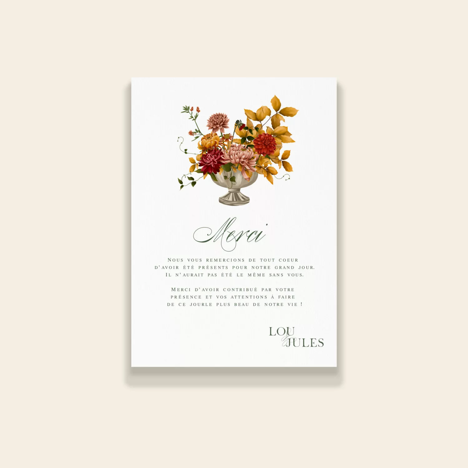 Carton de remerciements mariage automnal – Collection Songes d’Automne, Maison Célestine