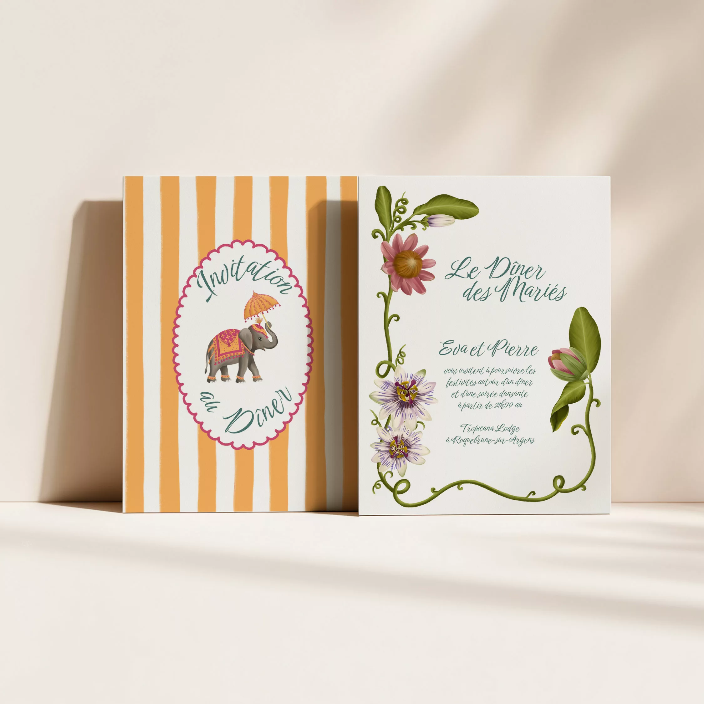 Carton d'invitation au dîner de mariage Jaipur avec illustrations florales et éléphants, papeterie de mariage artisanale par Maison Célestine.