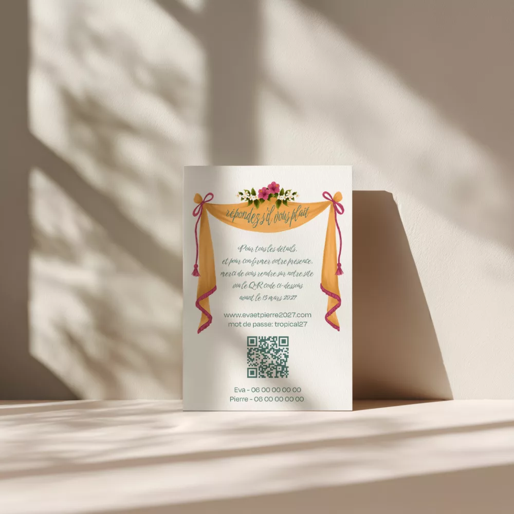 Carton réponse de mariage illustré Jaipur avec fleurs colorées et motifs orientaux, papeterie de mariage personnalisée par Maison Célestine."