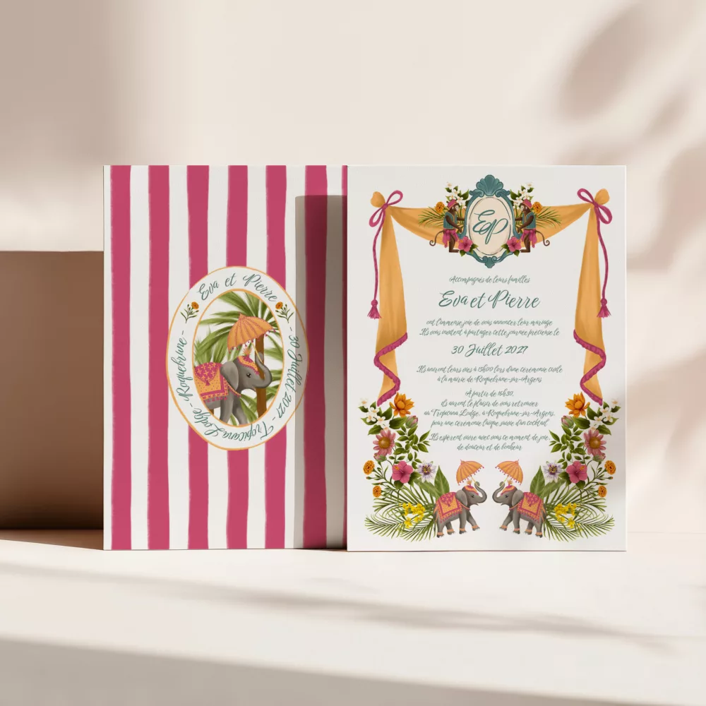 Faire-part de mariage illustré Jaipur avec fleurs colorées, éléphants de parade et tentes orientales, papeterie de mariage artisanale et fleurie.