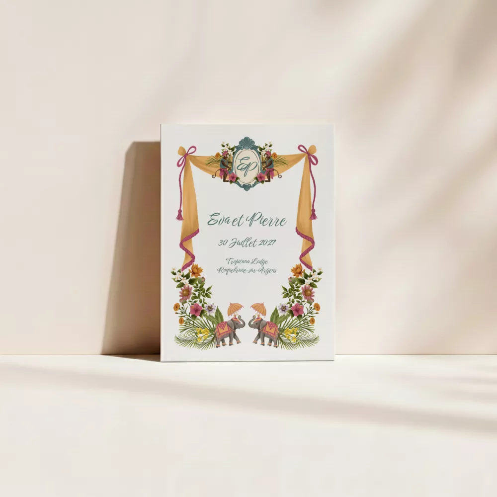 Pour la couverture de livret de cérémonie, il est important de souligner qu'il s'agit d'un élément de décoration à part entière qui annonce le ton de la célébration. Voici la balise Alt pour la collection Jaipur : "Couverture de livret de cérémonie Jaipur avec illustrations florales, papeterie de mariage personnalisée pour célébration par Maison Célestine.