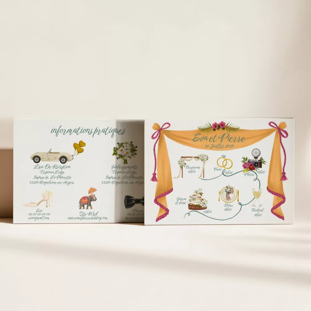 Carton programme de mariage illustré Jaipur avec fleurs colorées et motifs exotiques, papeterie de mariage personnalisée par Maison Célestine.