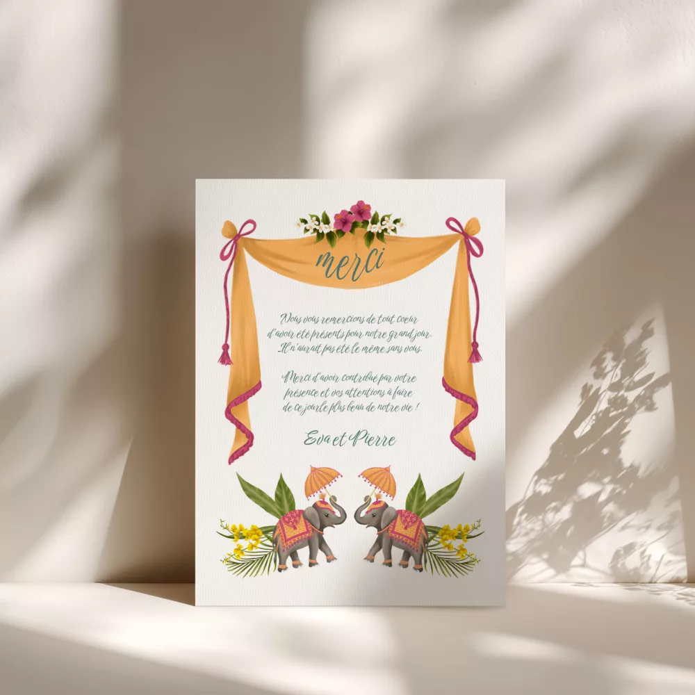 Carton de remerciements de mariage Jaipur avec photo et motifs floraux, carte de remerciement personnalisée illustrée par Maison Célestine.
