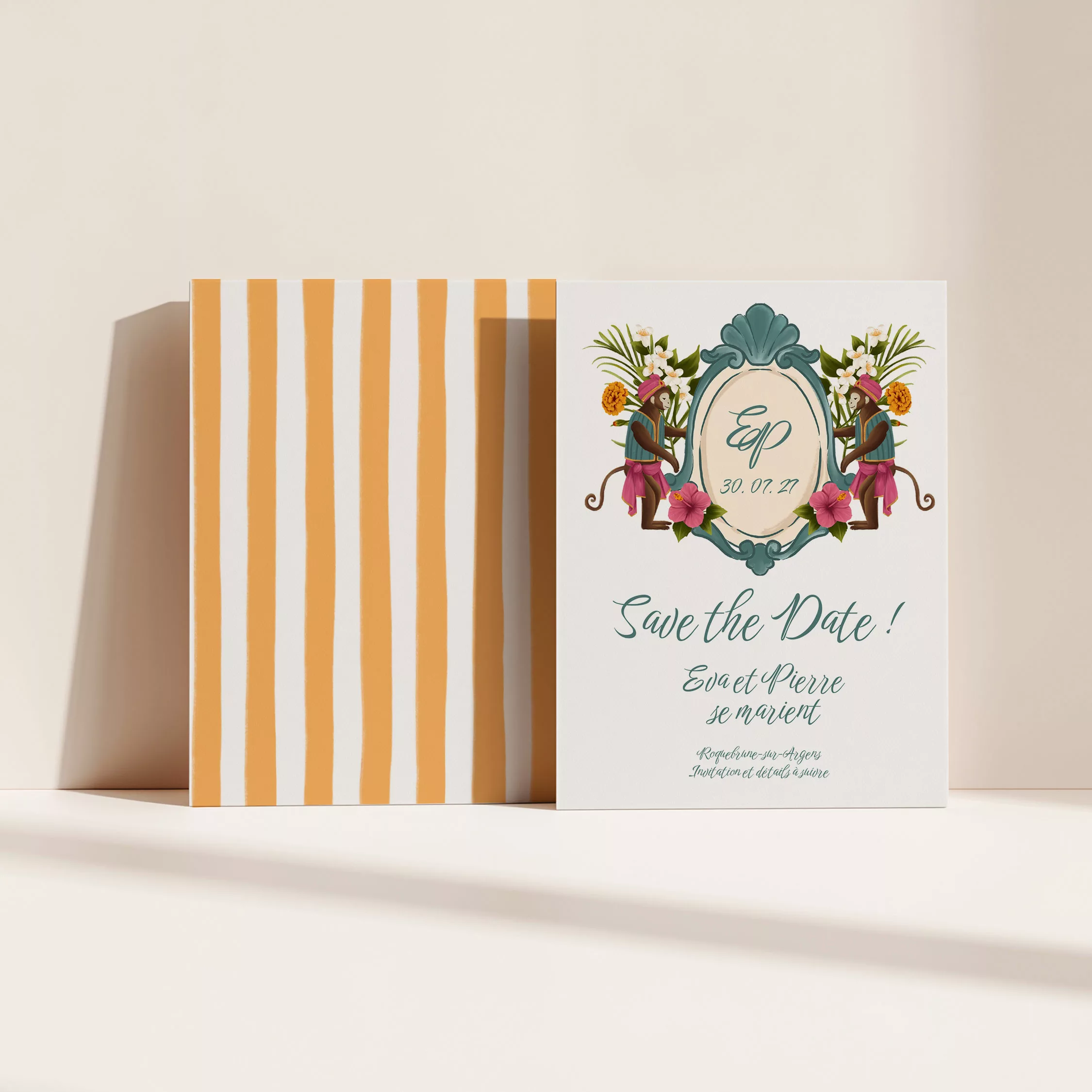 Save the Date de mariage illustré Jaipur avec fleurs colorées et éléphants, papeterie de mariage artisanale et solaire par Maison Célestine.