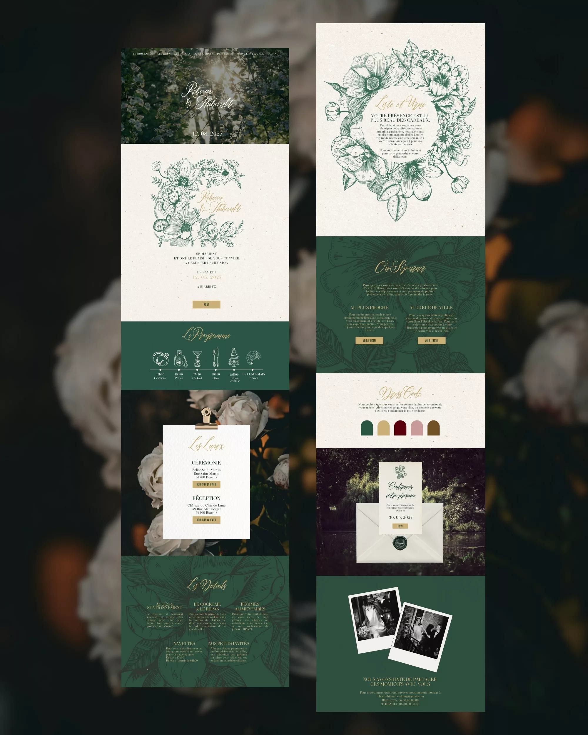 Univers du faire-part digital Vintage Bloom aux tons ivoire et vert profond