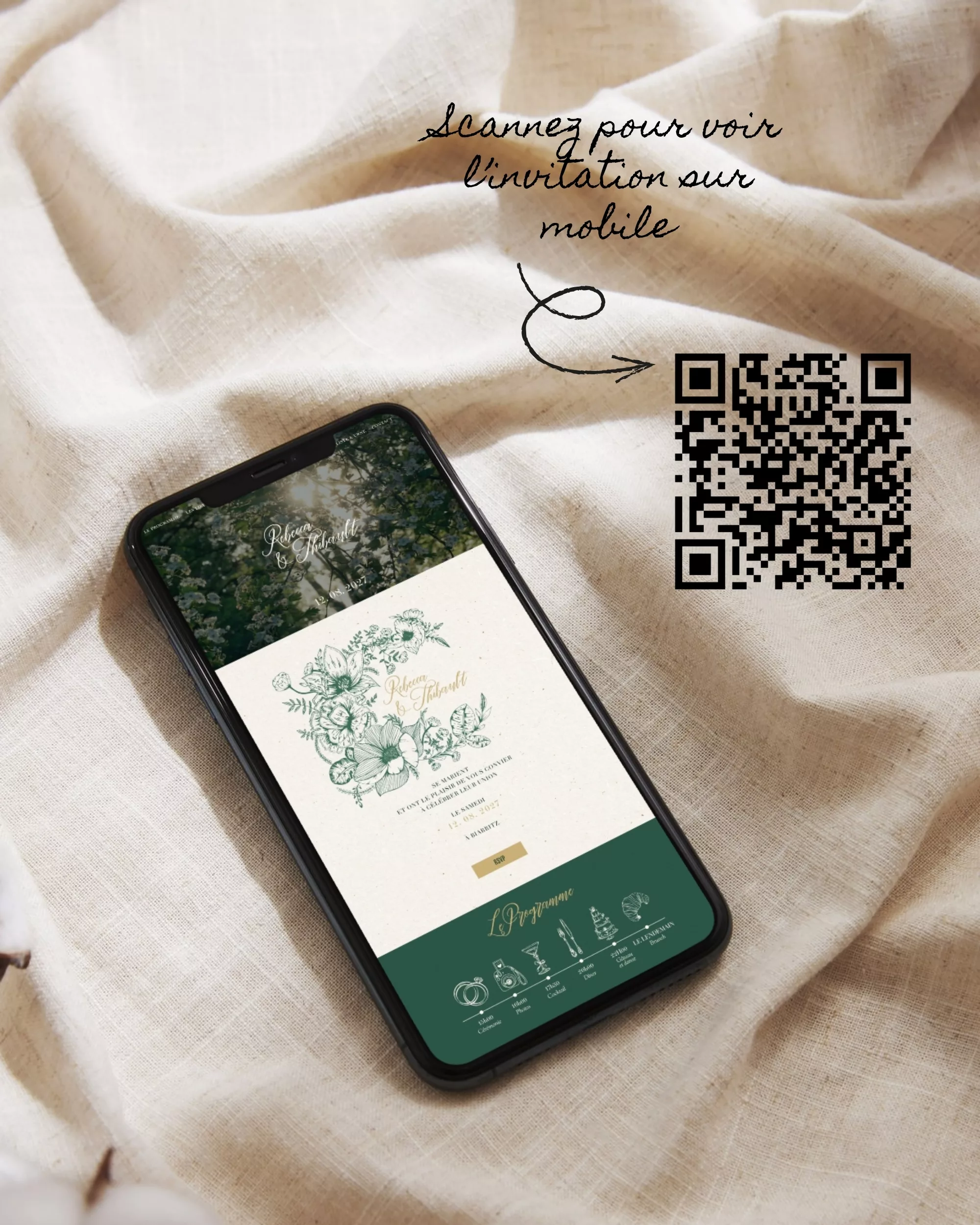Mockup du faire-part digital Vintage Bloom sur téléphone