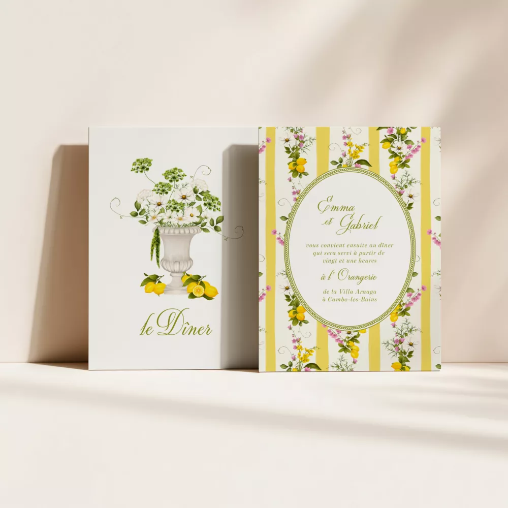 Carton dîner mariage Dolce Vita avec citrons et fleurs