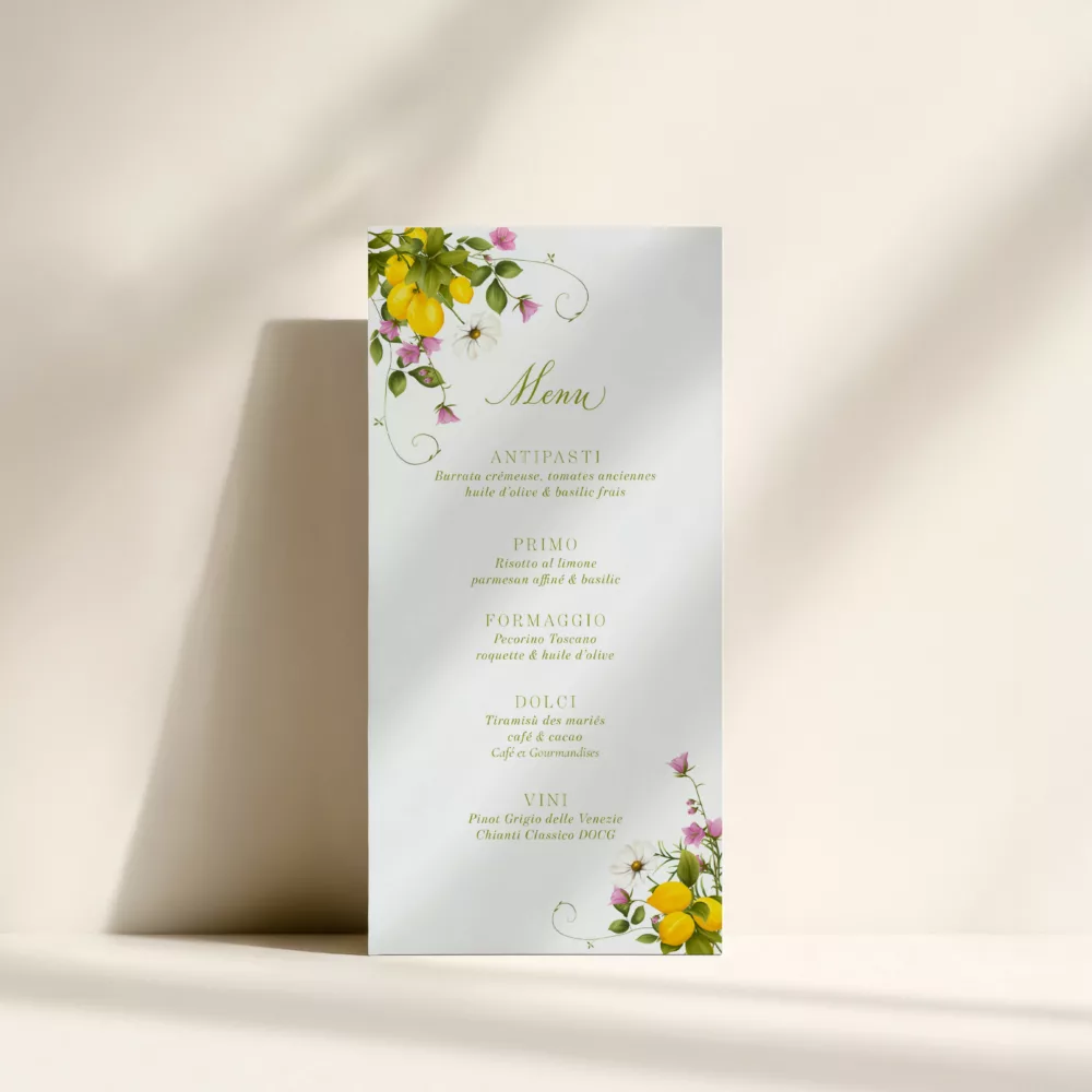 Menu mariage Dolce Vita avec citrons et fleurs