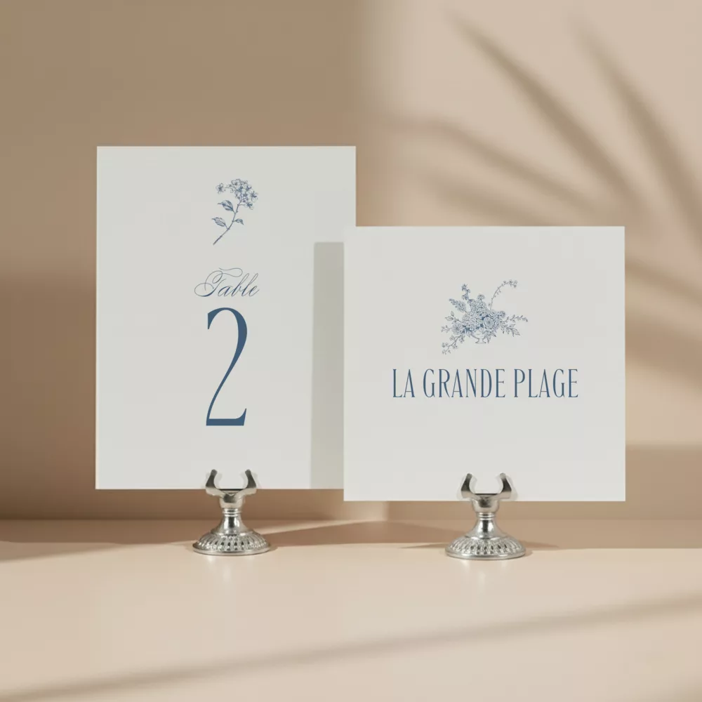 Numéro de table mariage Côte Basque avec illustration d’hortensia