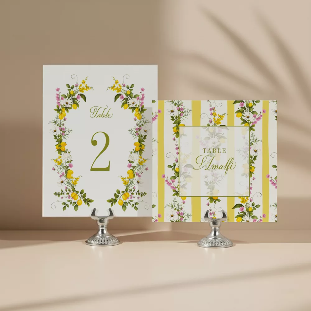 Numéro de table mariage Dolce Vita avec citrons et fleurs