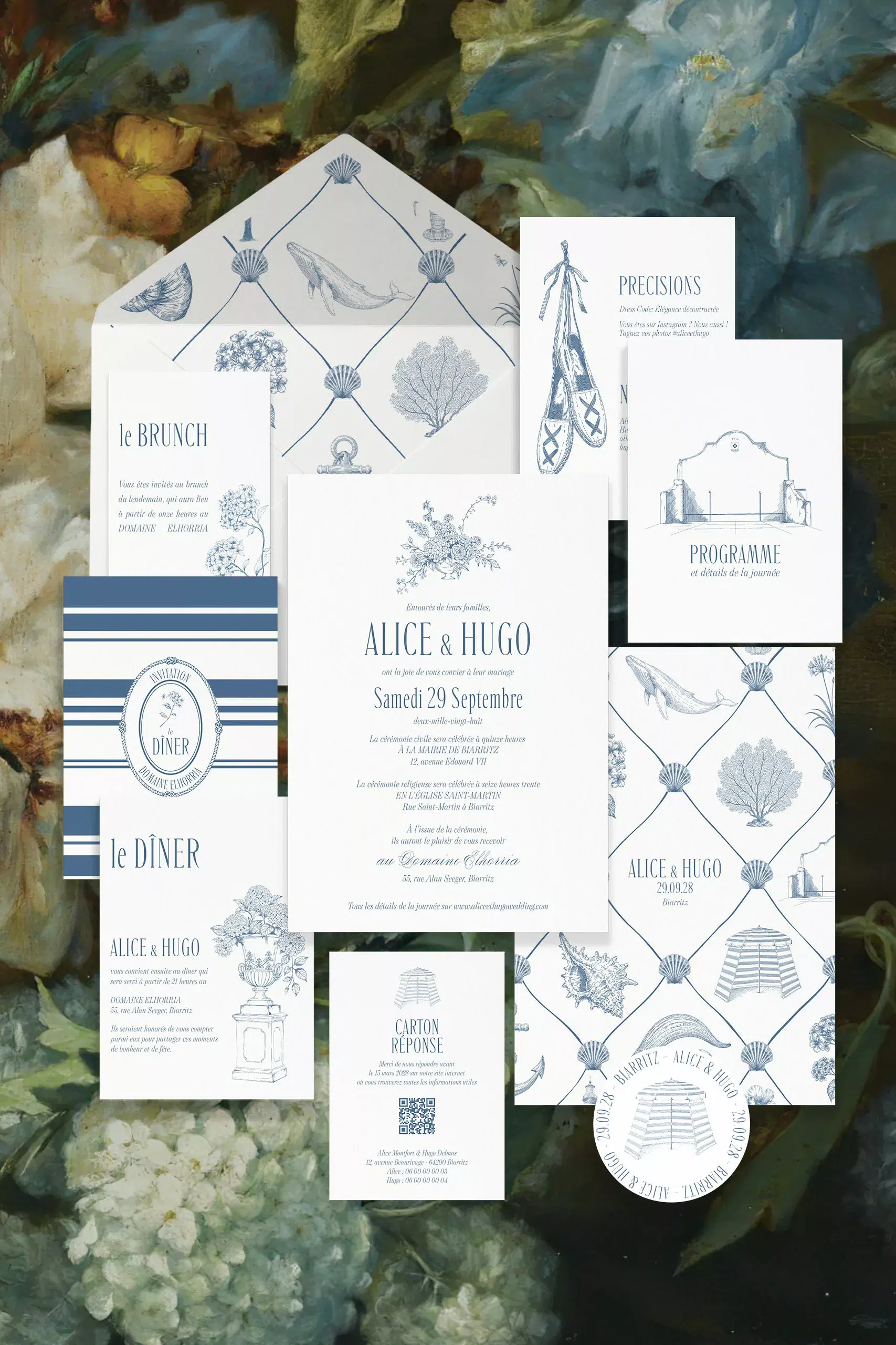 Papeterie de mariage Côte Basque aux motifs marins et rayures du linge basque