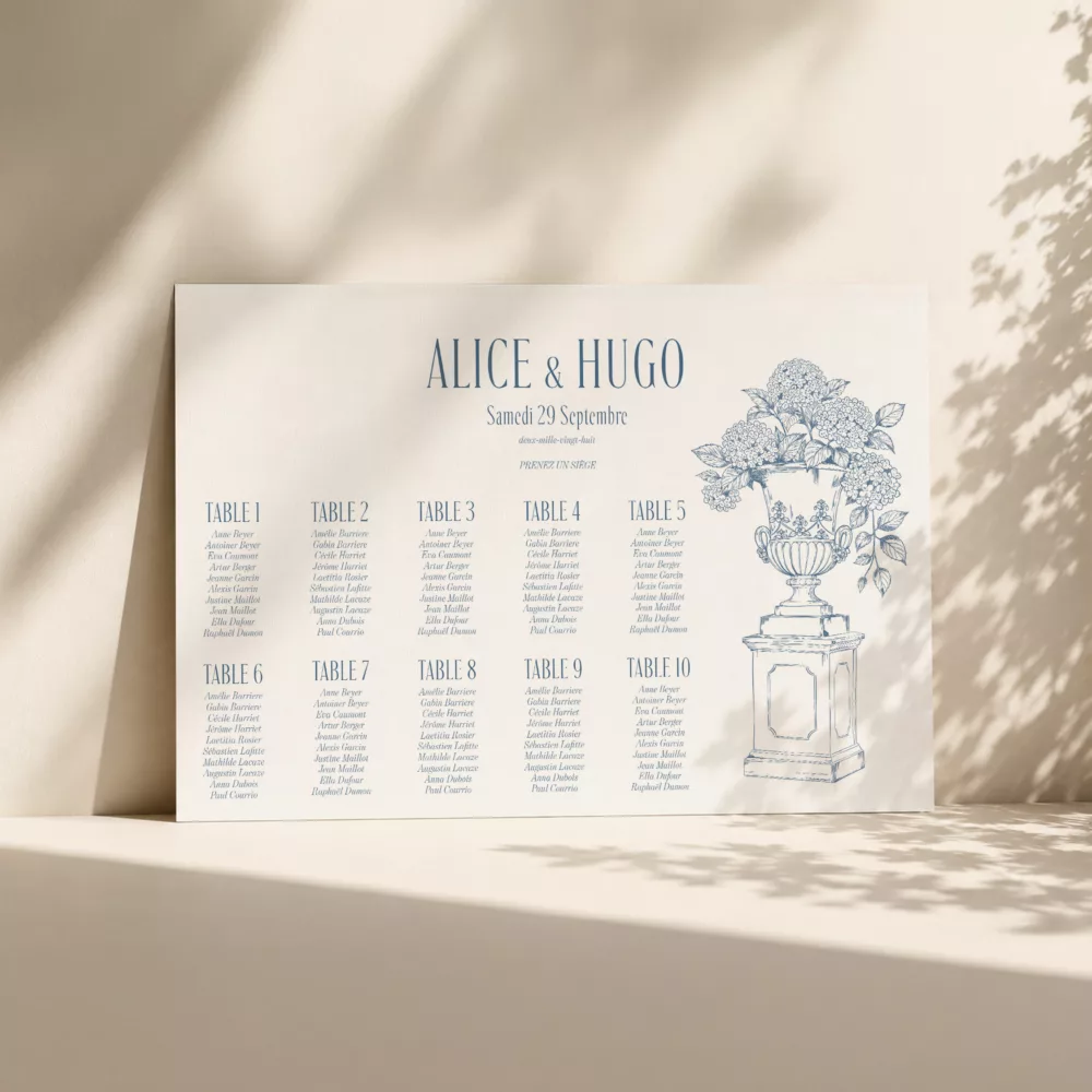 Plan de table A2 mariage Côte Basque avec hortensias
