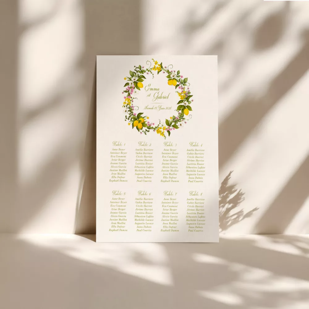 Plan de table A2 mariage Dolce Vita avec couronne de citrons et de fleurs