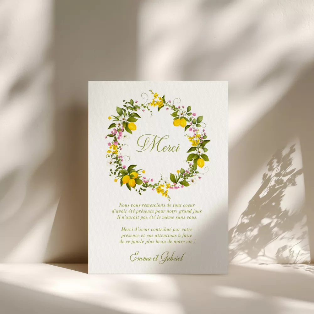 Carte de remerciement mariage Dolce Vita avec citrons et fleurs