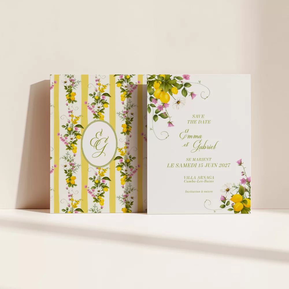 Save the Date mariage Dolce Vita avec citrons et fleurs