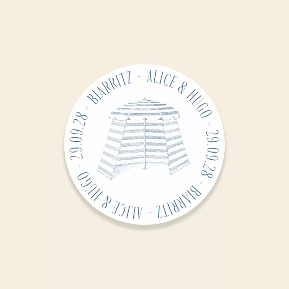Sticker mariage Côte Basque avec cabine de plage rayée
