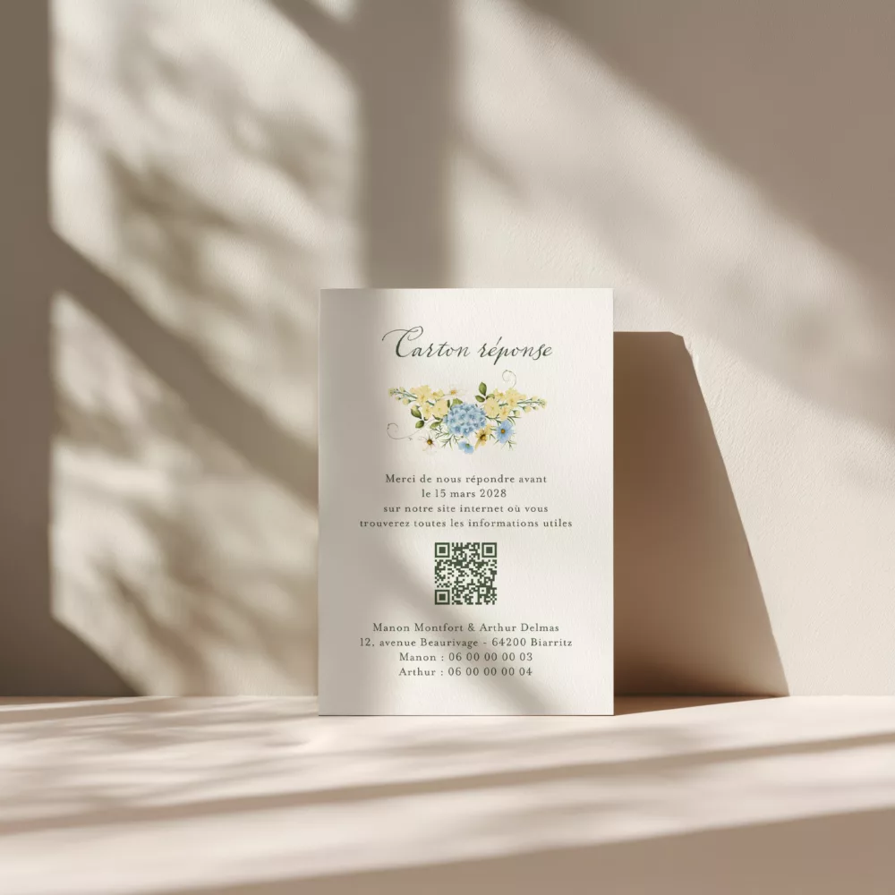Carton réponse de mariage Solstice aux couleurs bleu ciel et jaune beurre