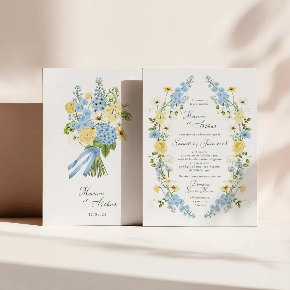 Faire-part de mariage Solstice avec arche florale bleu ciel et jaune beurre