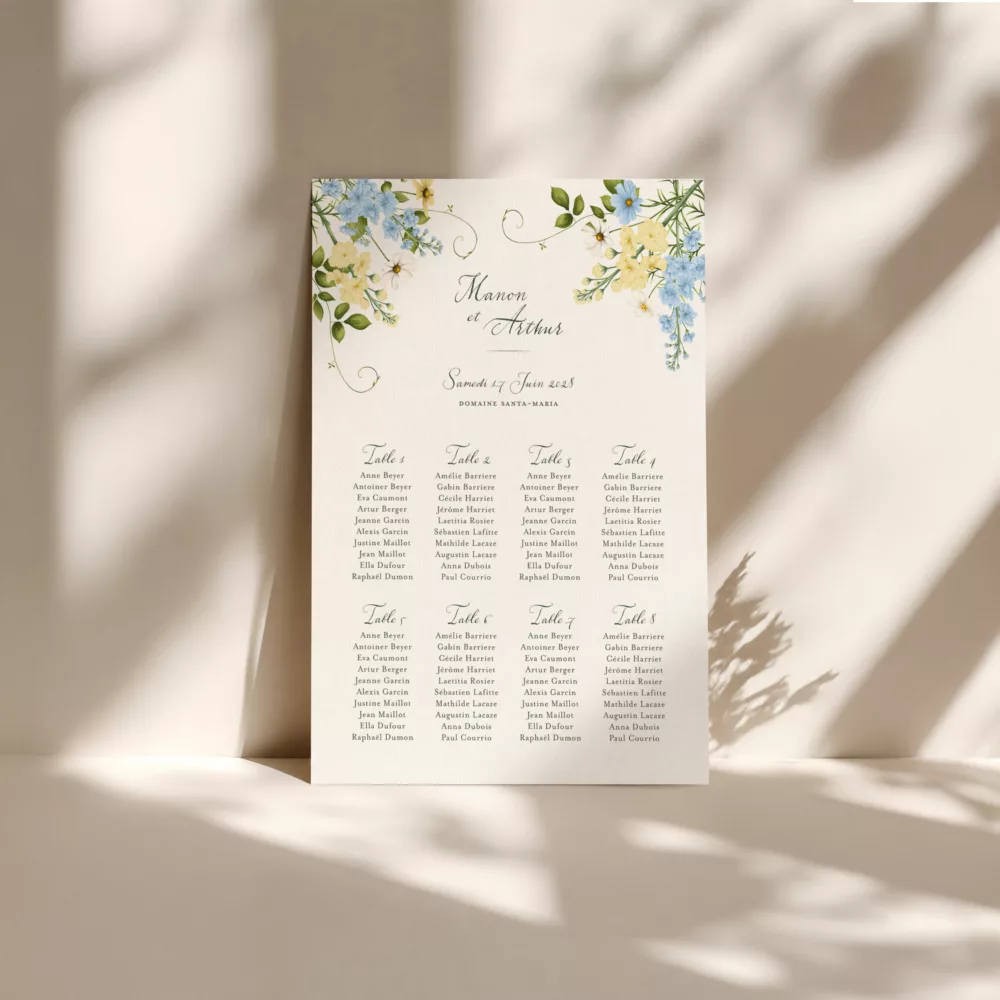 Plan de table mariage Solstice format A2 avec huit tables et des fleurs bleu ciel et jaune beurre