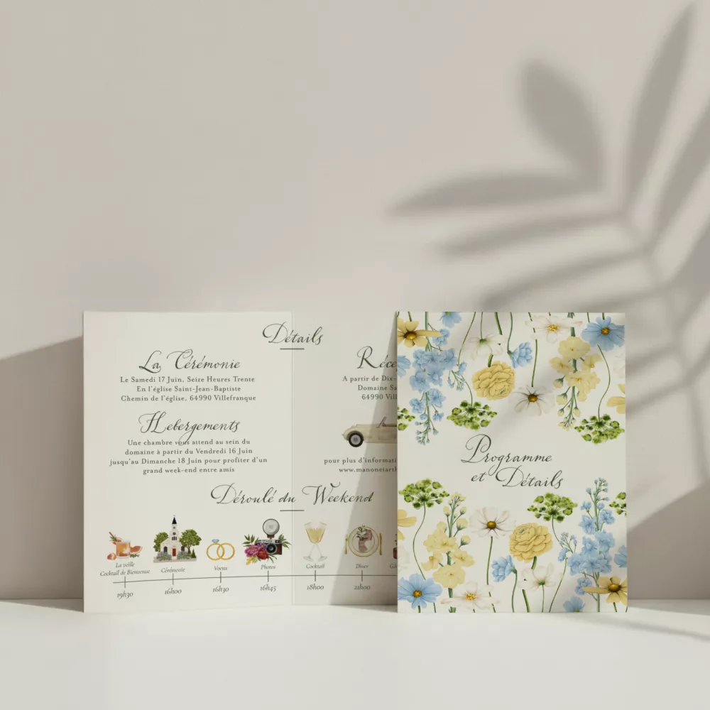 Programme de mariage Solstice aux motifs floraux bleu ciel et jaune beurre