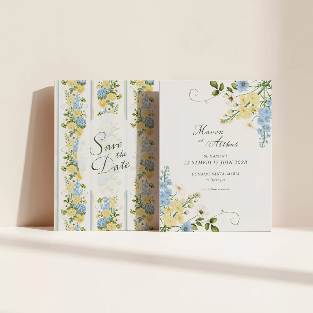 Save the Date mariage Solstice avec fleurs bleu ciel et jaune beurre et rayures florales