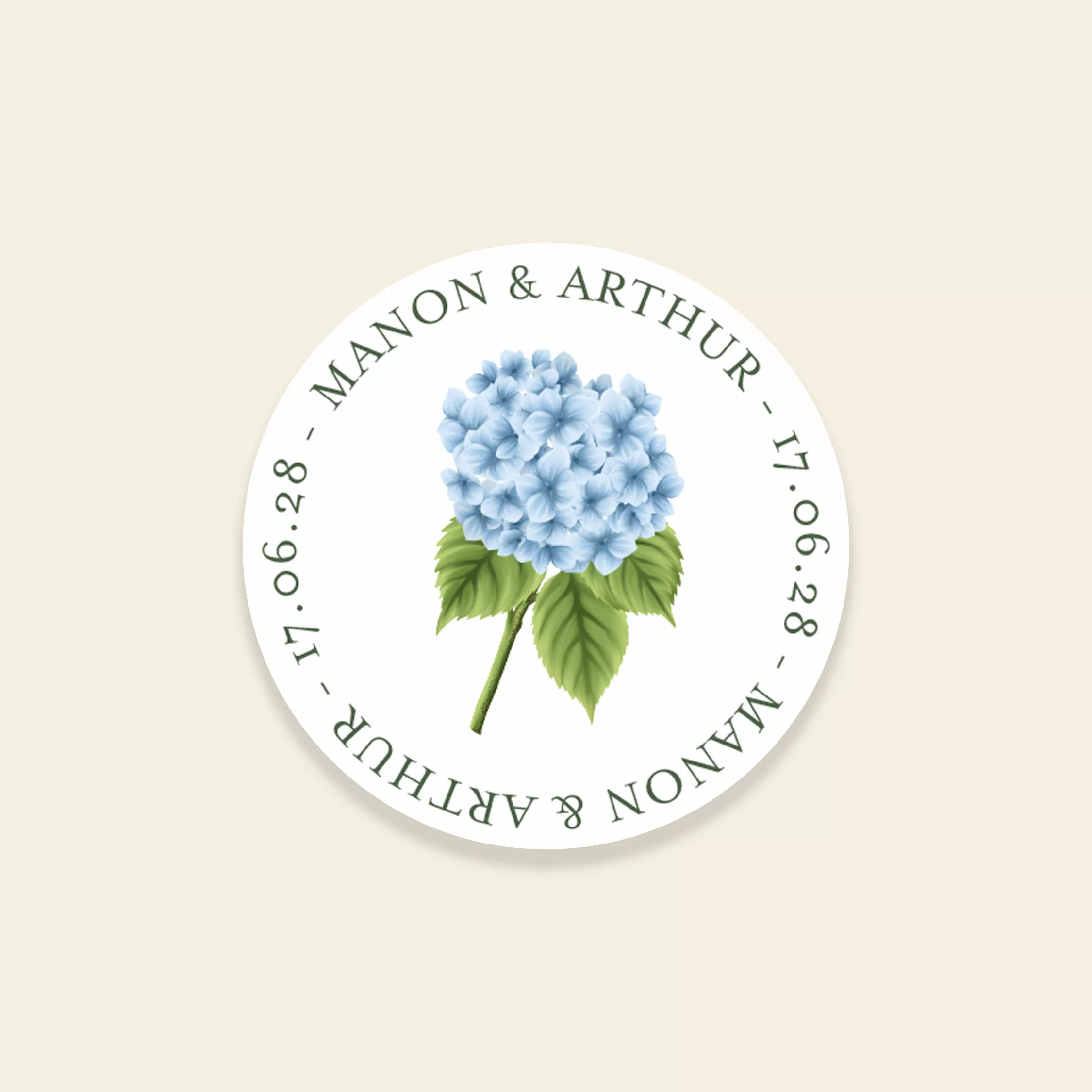 Sticker mariage Solstice avec hortensia bleu ciel, prénoms et date